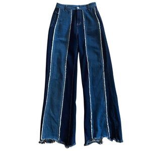 Color Block Raw Trim Frayed Hem High Waist Denim Jeans